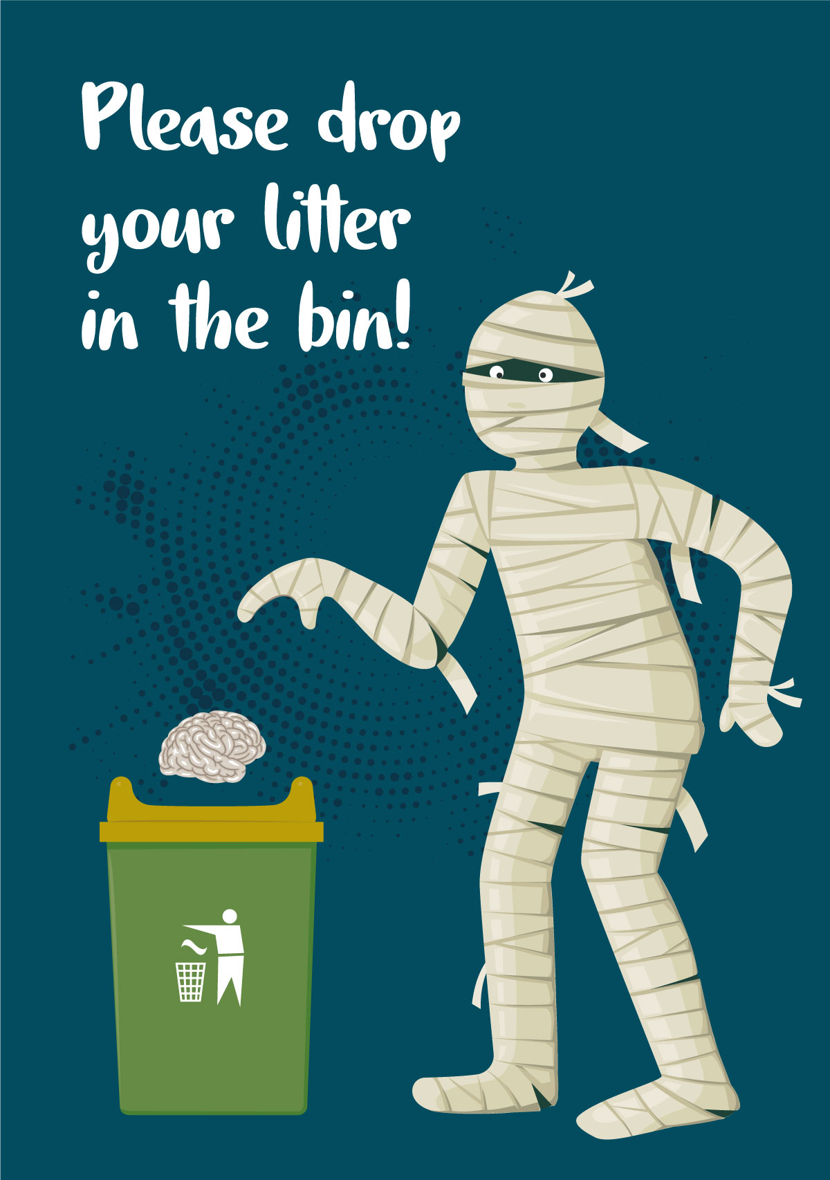 Please drop your litter in the bin sign with an egyptian mummy